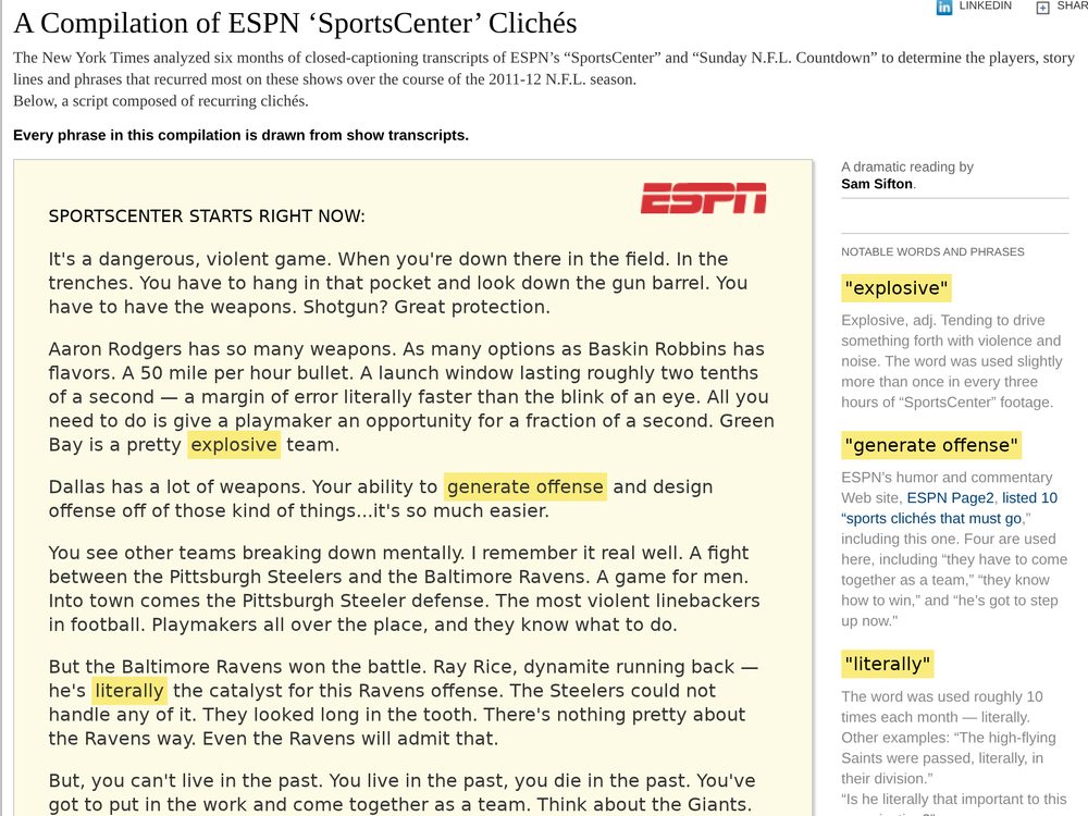 The top of the SportsCenter clichés script, with recurring phrases like “explosive” and “generate offense” highlighted